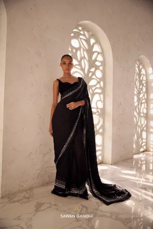 Satin black cutwork saree