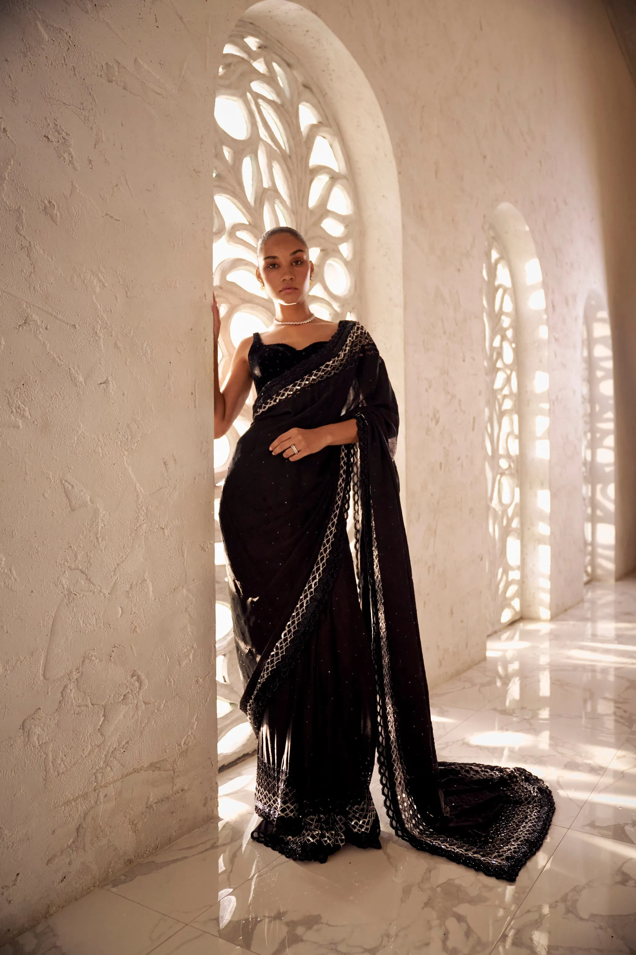 Satin black cutwork saree