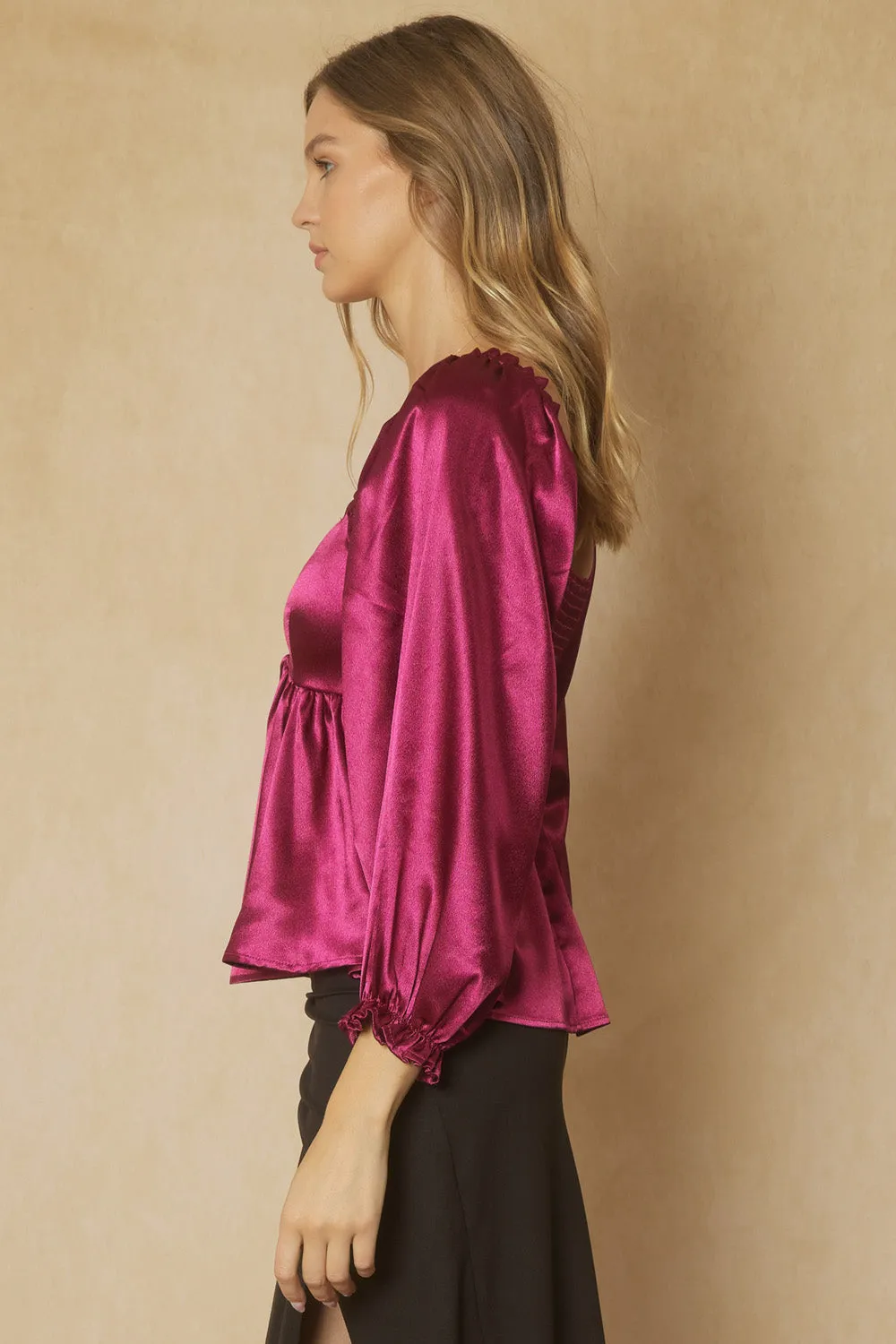 Satin Bubble Sleeve Blouse {Sangria}