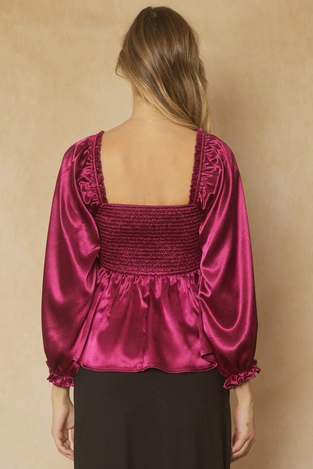Satin Bubble Sleeve Blouse {Sangria}