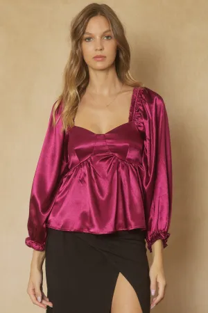 Satin Bubble Sleeve Blouse {Sangria}