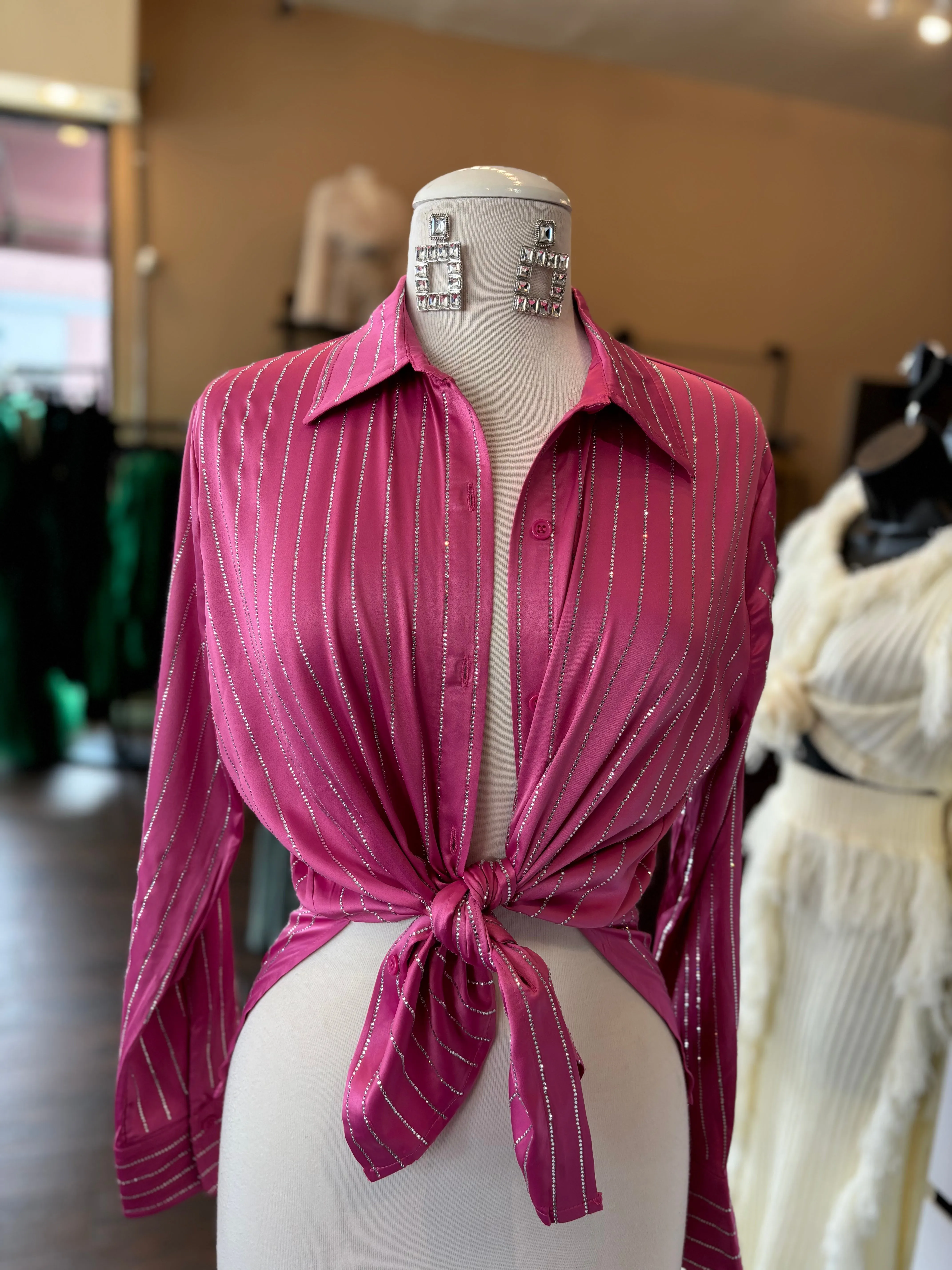 Satin Rhinestone Stripe Blouse