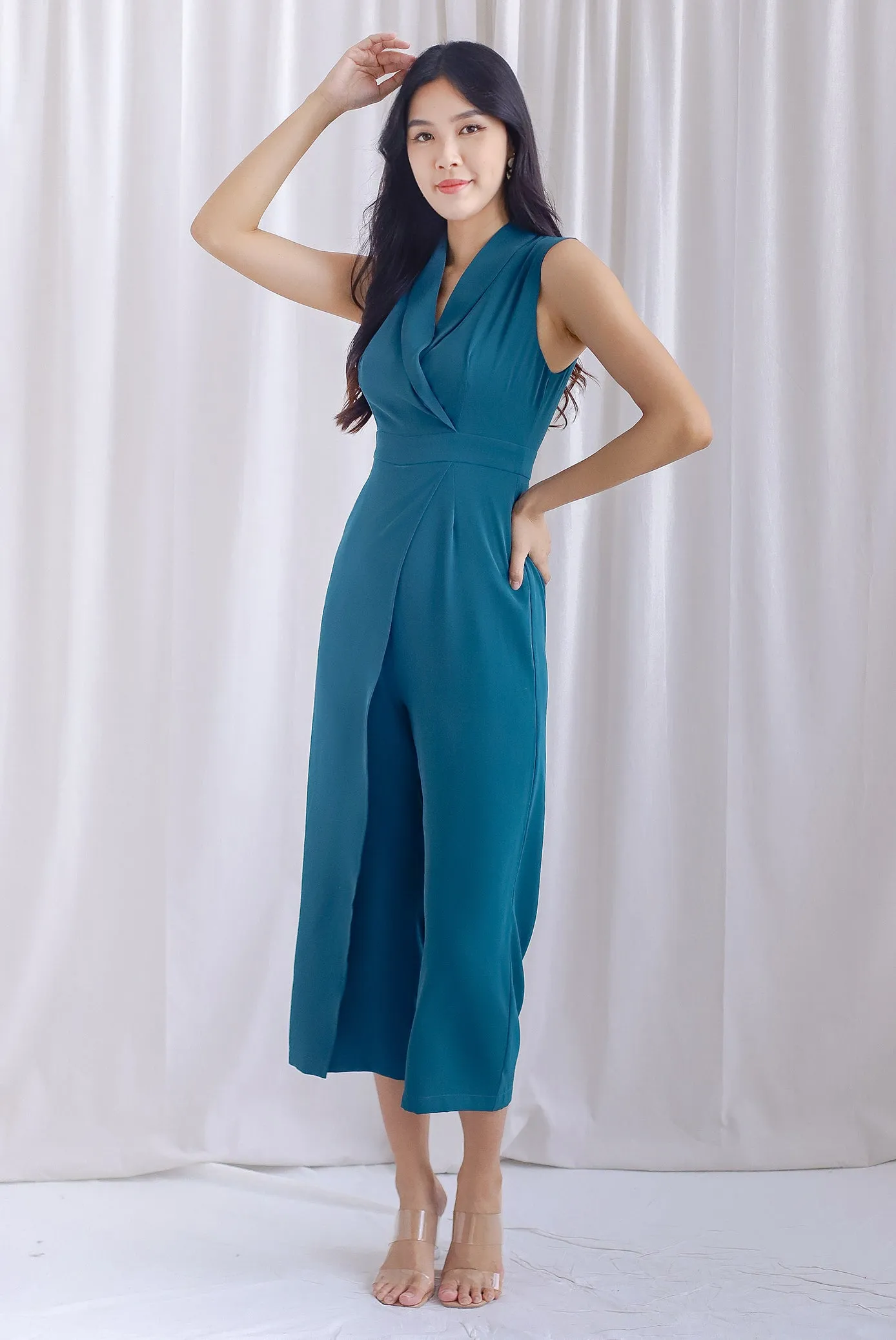 Scarlette Faux Wrap Lapel Jumpsuit In Teal Green