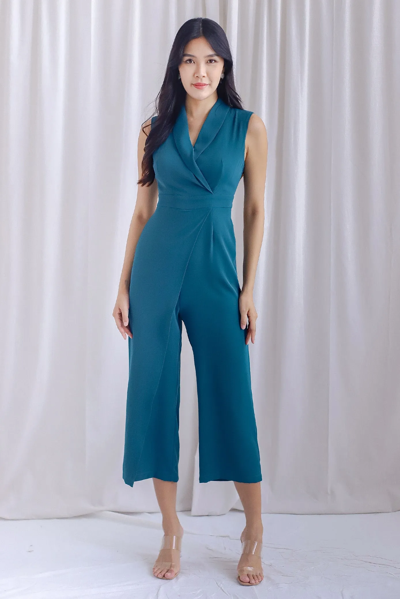 Scarlette Faux Wrap Lapel Jumpsuit In Teal Green
