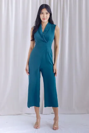 Scarlette Faux Wrap Lapel Jumpsuit In Teal Green