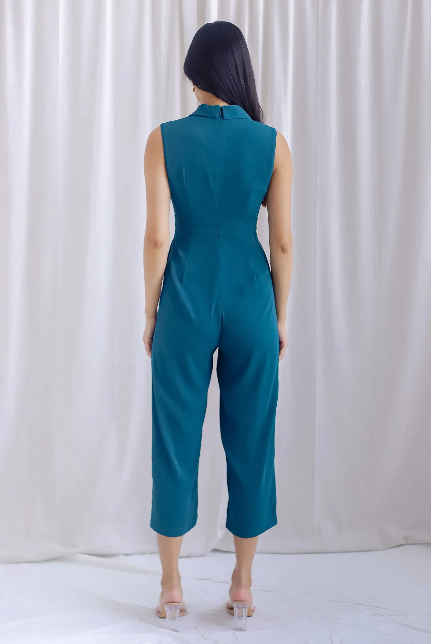 Scarlette Faux Wrap Lapel Jumpsuit In Teal Green