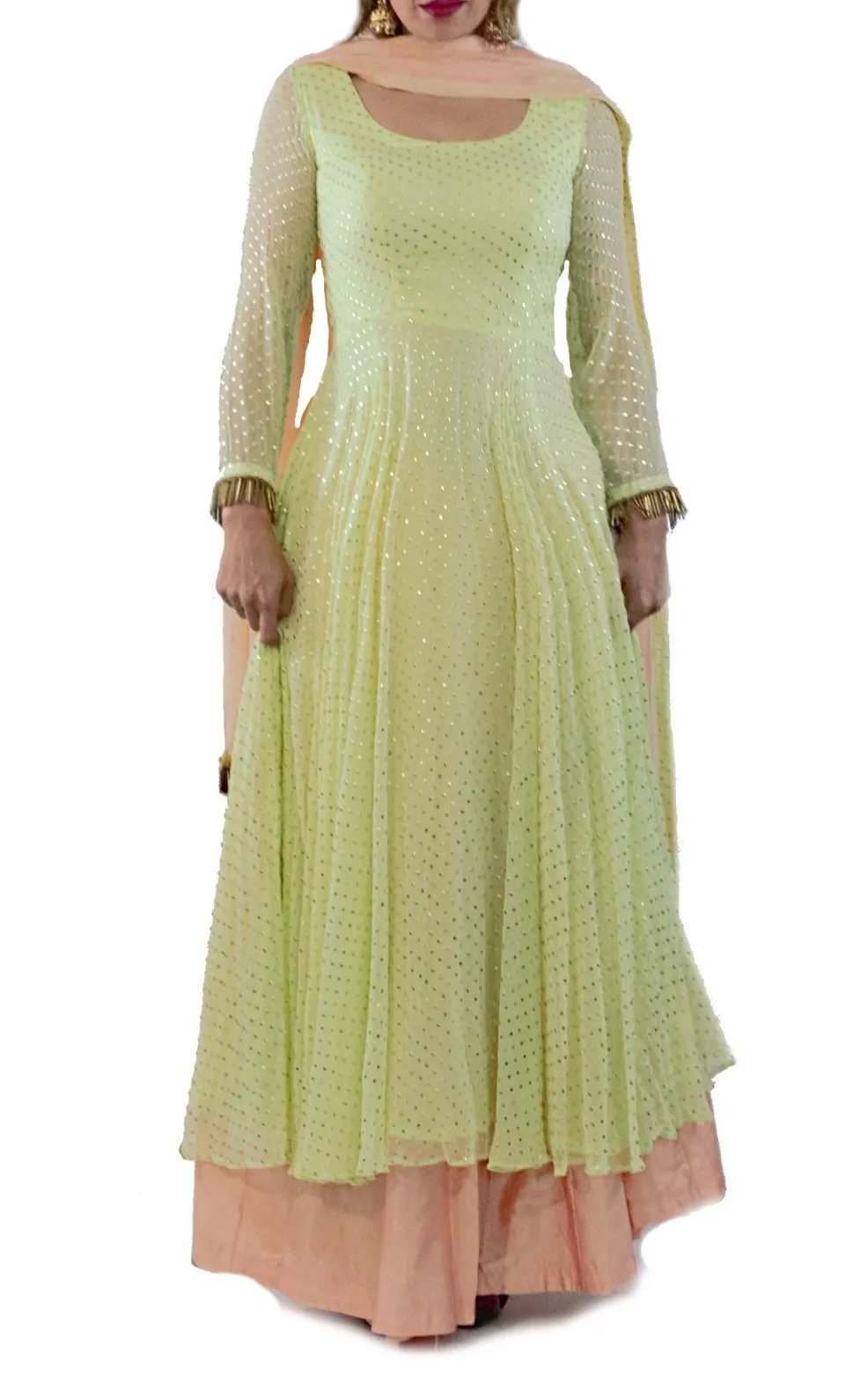 Sea Green Anarkali suit set having Golden Dots with Skirt and Dupatta