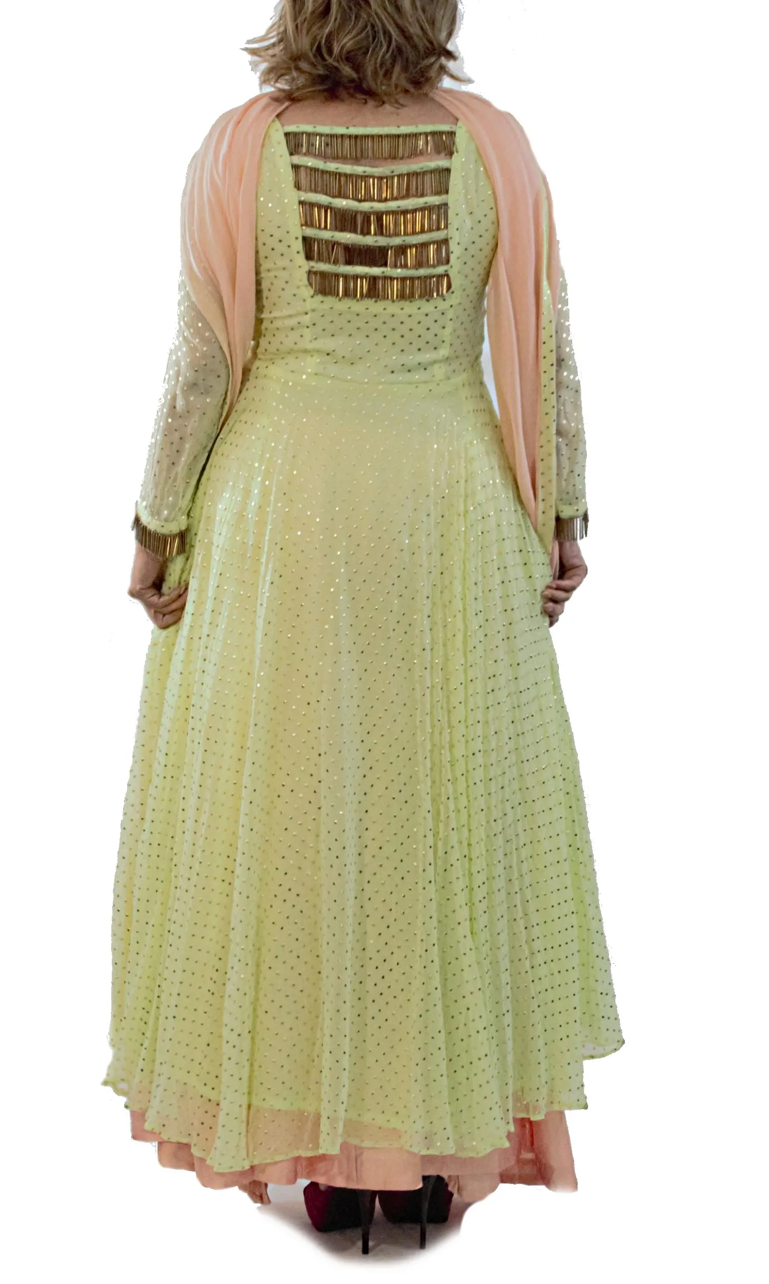 Sea Green Anarkali suit set having Golden Dots with Skirt and Dupatta