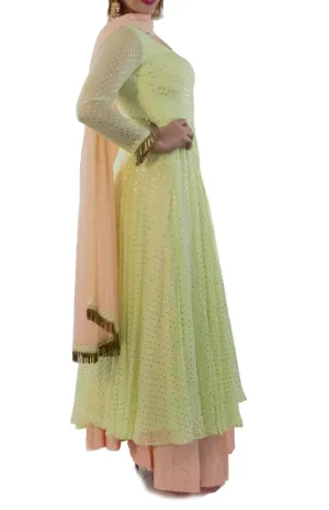 Sea Green Anarkali suit set having Golden Dots with Skirt and Dupatta