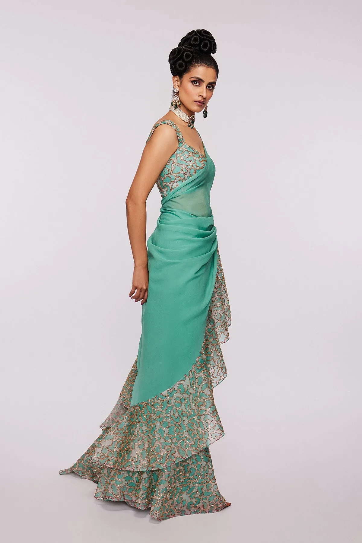 Sea Green Divergence Organza Animal Printed And Embellished Ruffle Saree And Blouse