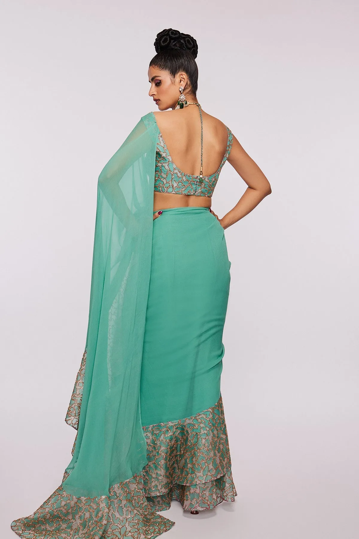Sea Green Divergence Organza Animal Printed And Embellished Ruffle Saree And Blouse