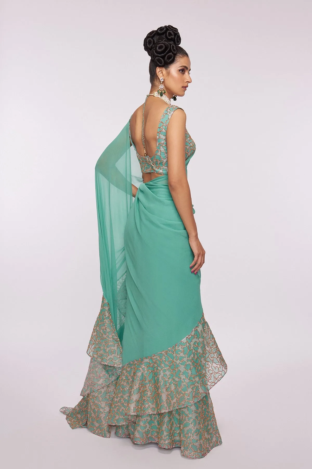 Sea Green Divergence Organza Animal Printed And Embellished Ruffle Saree And Blouse