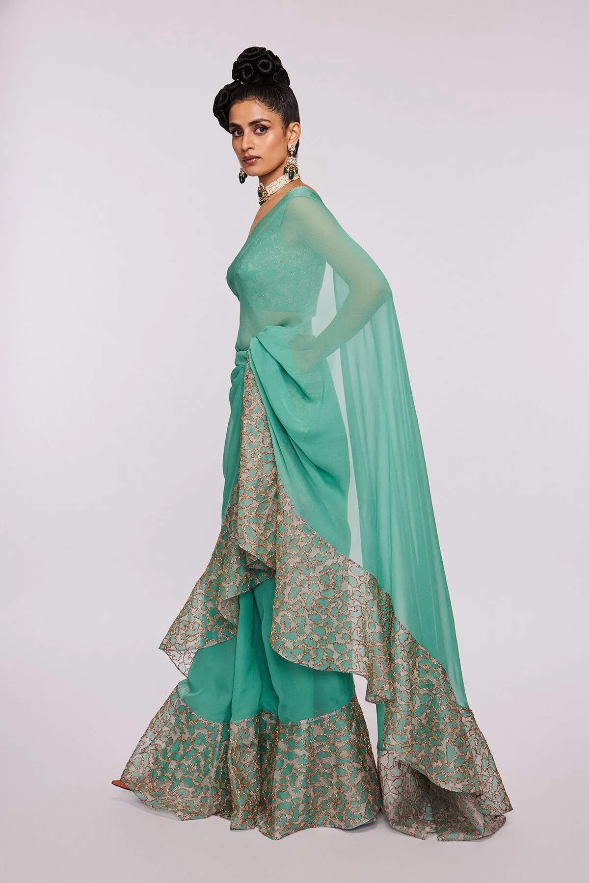 Sea Green Divergence Organza Animal Printed And Embellished Ruffle Saree And Blouse