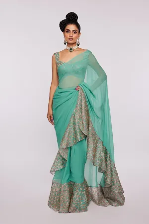 Sea Green Divergence Organza Animal Printed And Embellished Ruffle Saree And Blouse