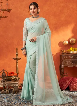 Sea Green Embroidery Festive Georgette Saree