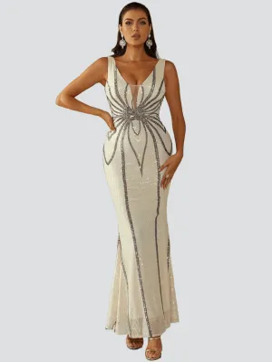 Sequin Graphic V-neck Prom Dress M02094