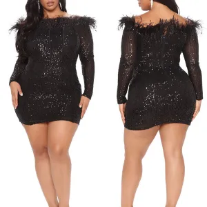Sequins Off Shoulder Feather Design Bodycon Dress