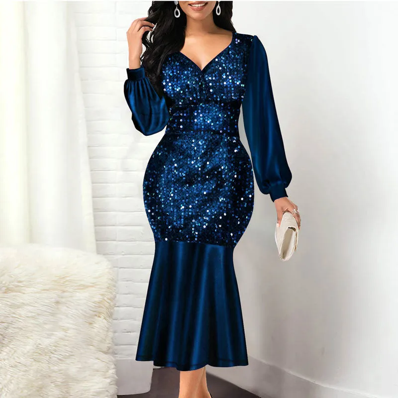 Sequins V-Neck Long Sleeve Fishtail Party Dress