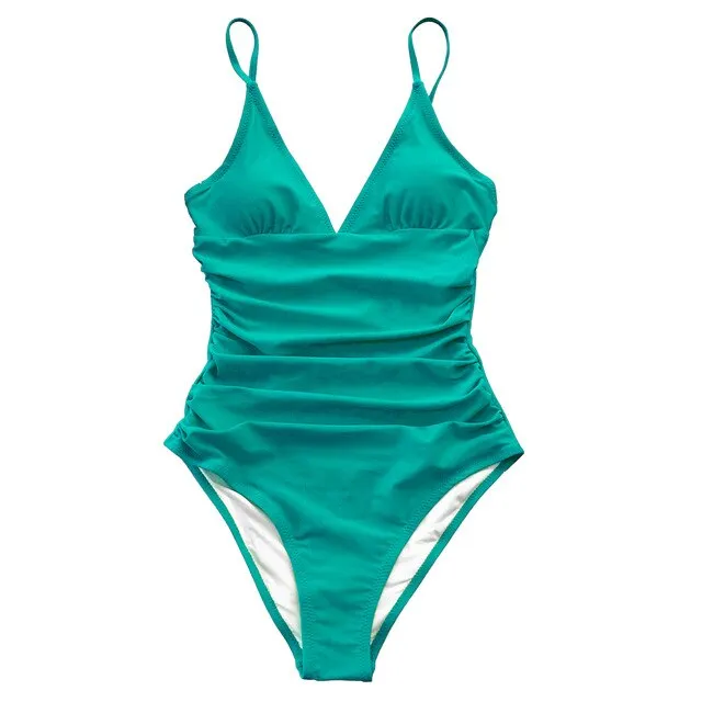 Sexy Solid Orange Shirring V-neck One Piece Swimsuit Women Monokini 2023 Beach Bathing Suit Swimwear