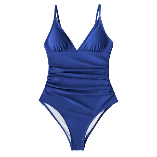 Sexy Solid Orange Shirring V-neck One Piece Swimsuit Women Monokini 2023 Beach Bathing Suit Swimwear
