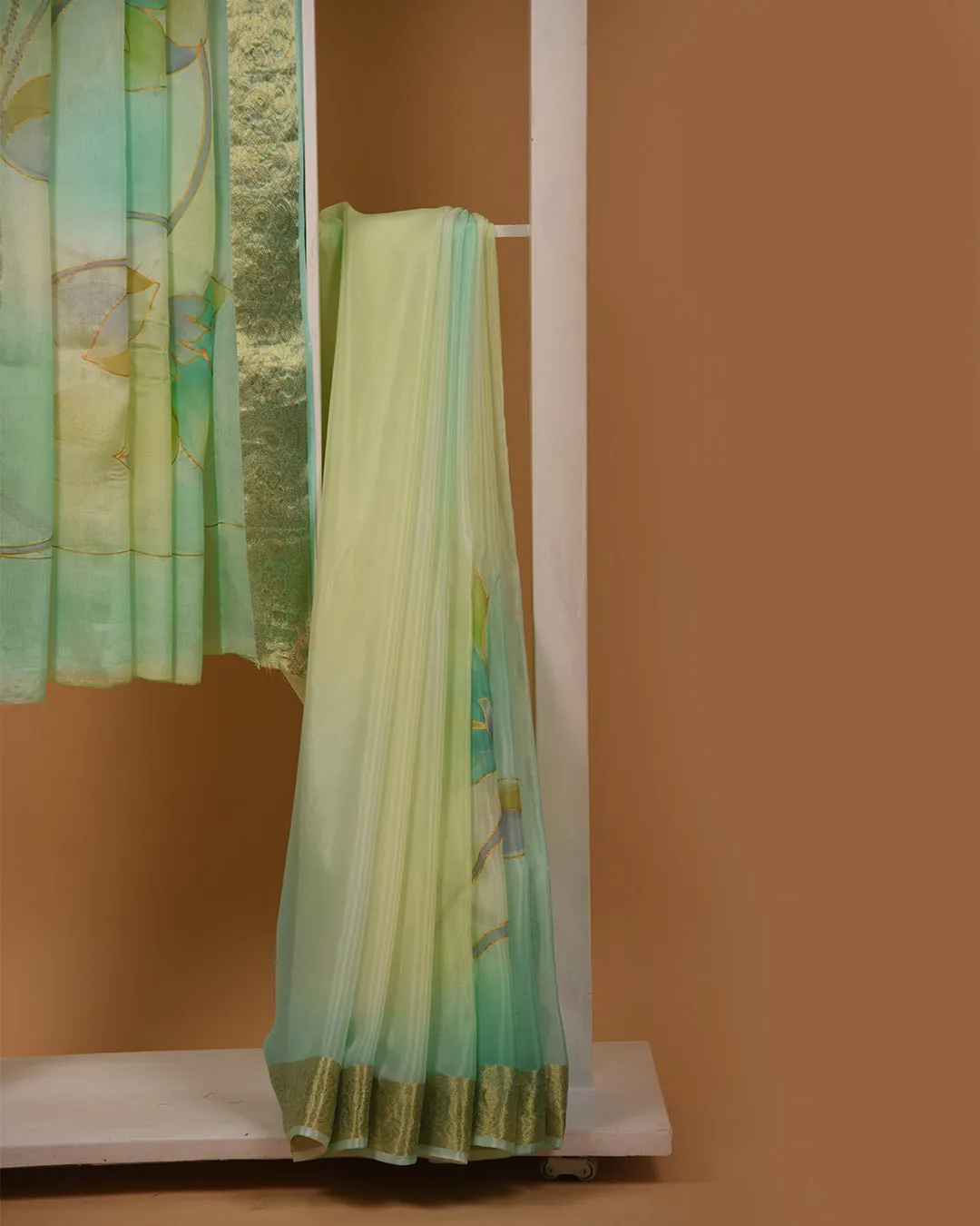 Shades of Green Chinon Crepe Printed Saree With Georgette Blend Blouse