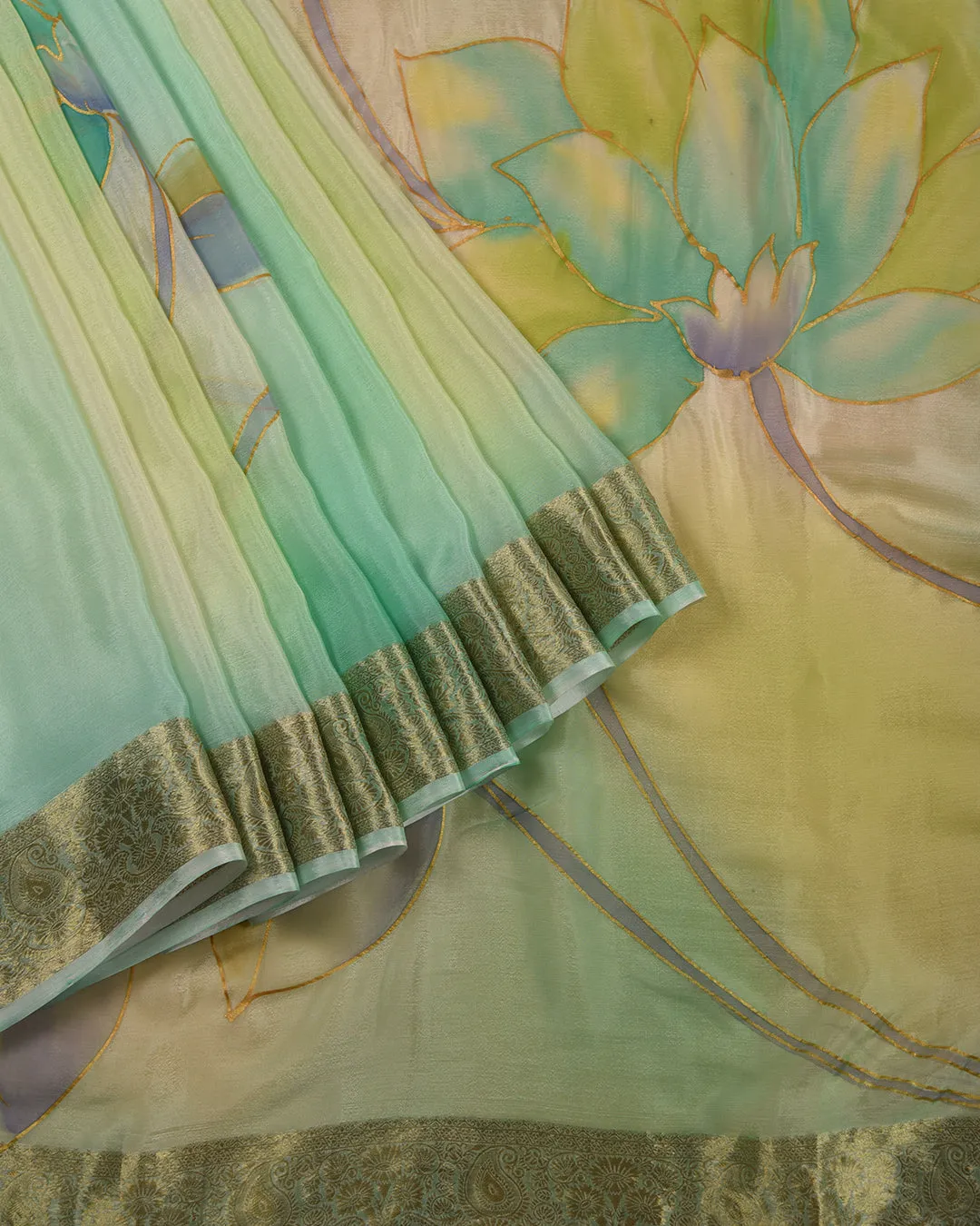 Shades of Green Chinon Crepe Printed Saree With Georgette Blend Blouse