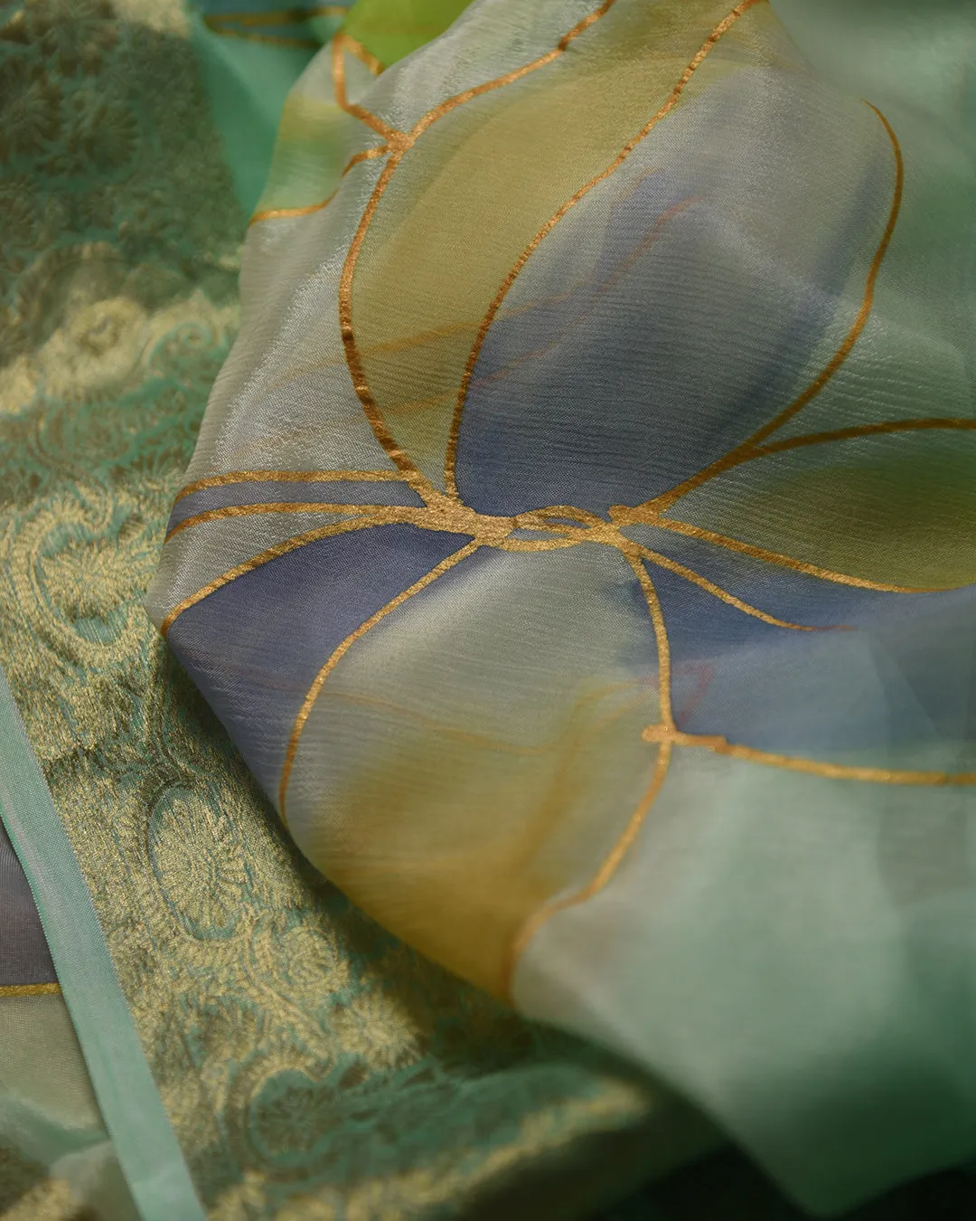 Shades of Green Chinon Crepe Printed Saree With Georgette Blend Blouse