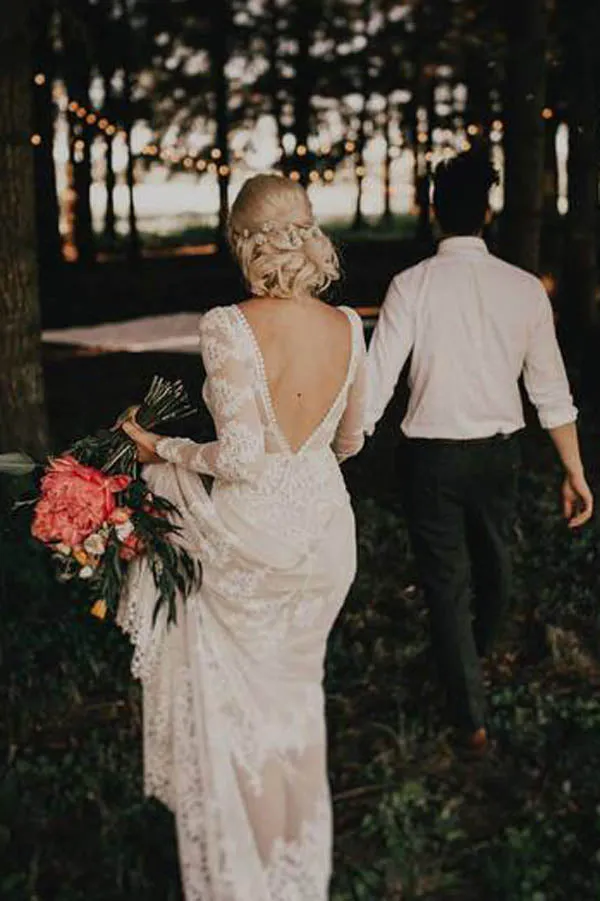 Sheath Backless Lace Long Sleeve Ivory Applique Country Wedding Dress,MW280