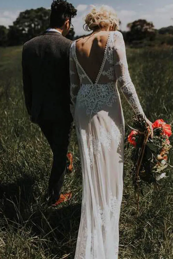 Sheath Backless Lace Long Sleeve Ivory Applique Country Wedding Dress,MW280