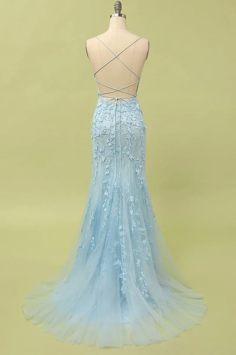 Sheath Sky Blue Strap Crisscross Fishtail Lace Tulle Evening Prom Dress