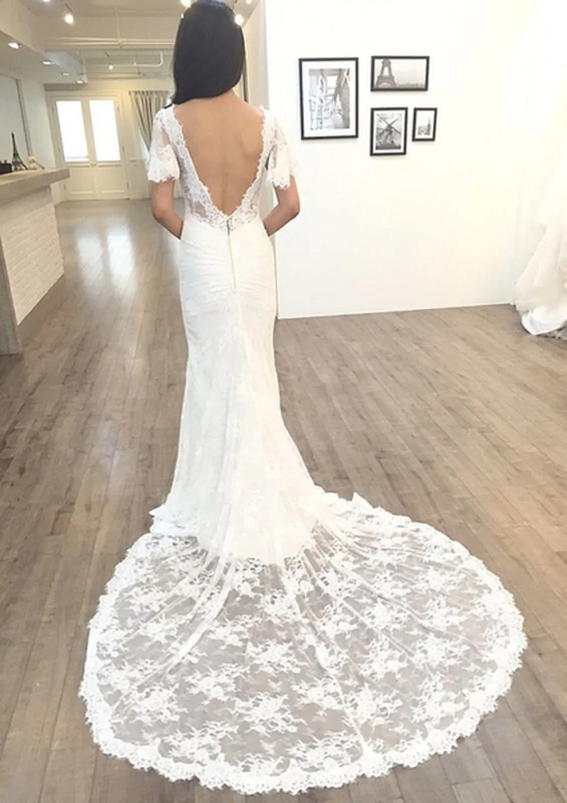 Sheath V Neck Short Sleeve Court Train Lace Wedding Dress