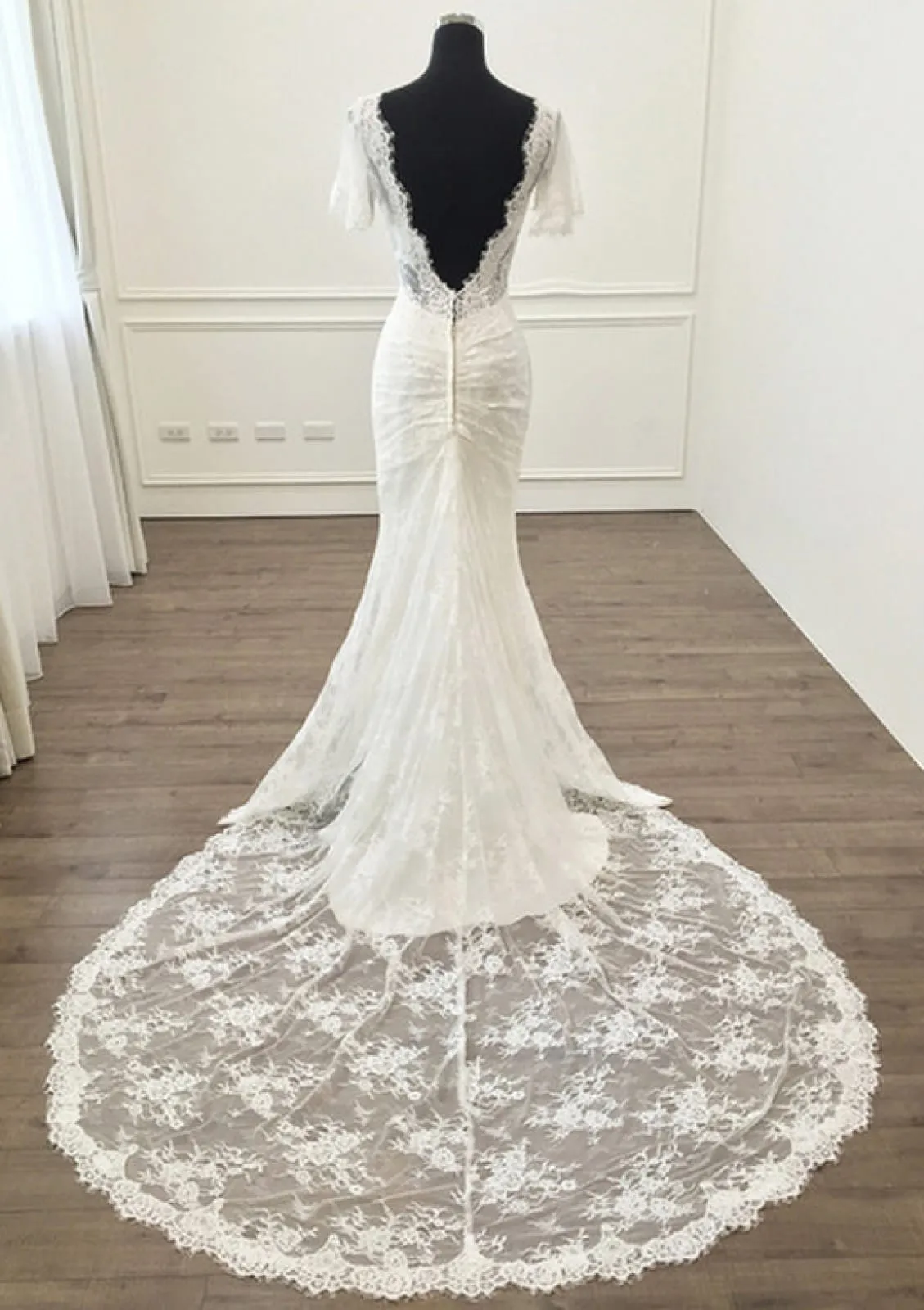 Sheath V Neck Short Sleeve Court Train Lace Wedding Dress