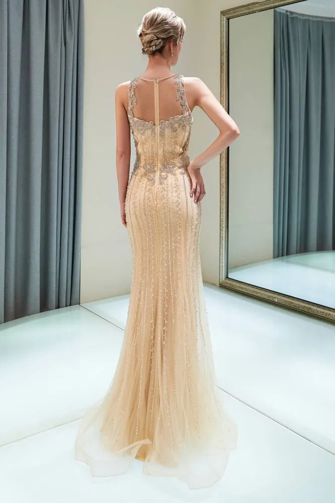 Sheer Jewel Neck Sheath Beading Gold Prom Evening Dress