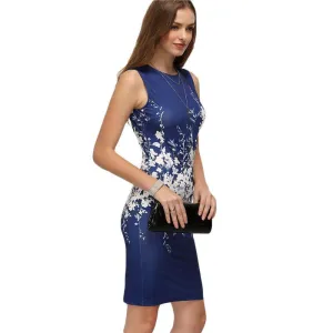 SheIn Summer Womens Elegant Sheath Dresses Fashion Ladies Multicolor Round Neck Sleeveless Floral Bodycon Dress