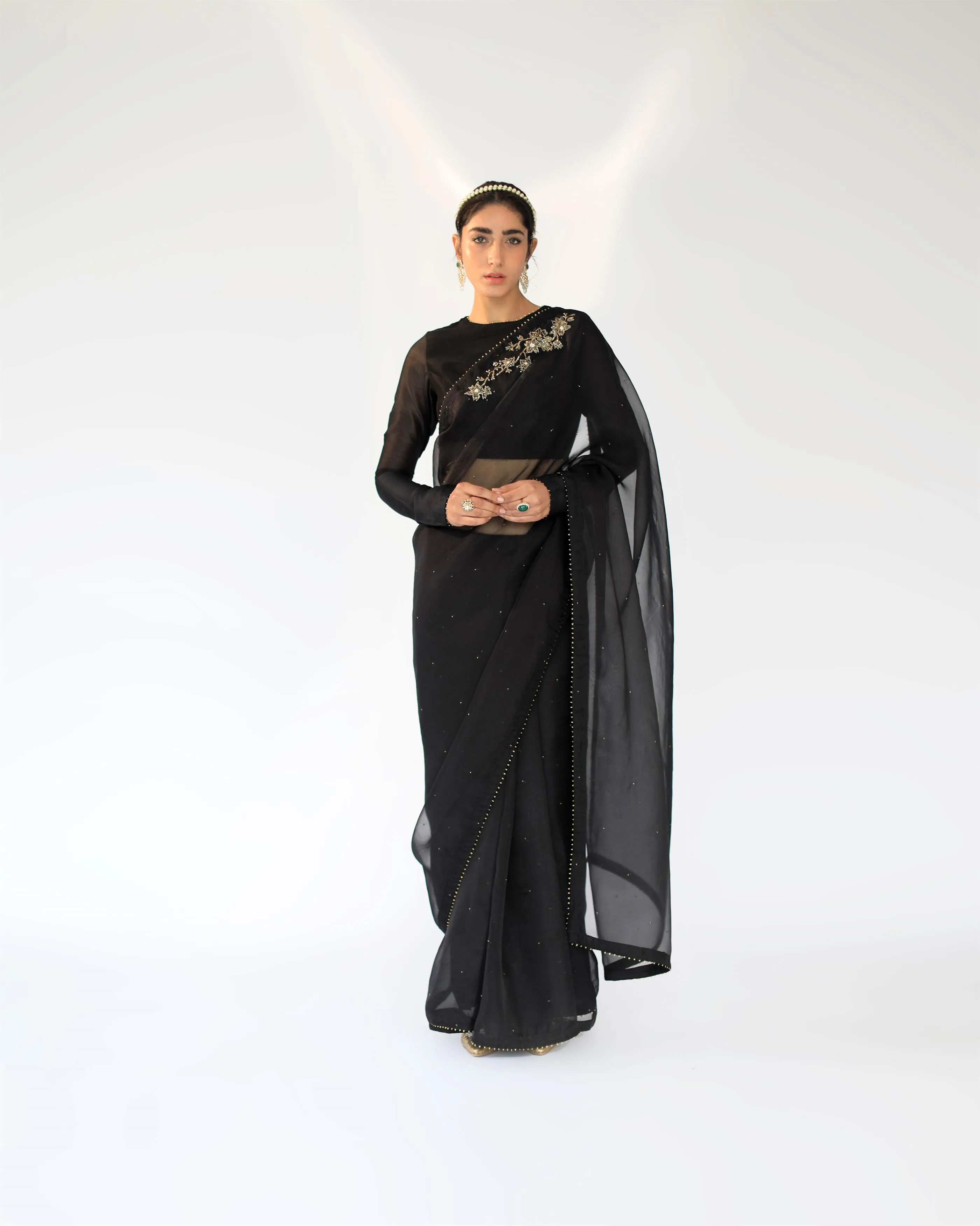 Shikha Mehta Emma Black Kora Saree Set Silk Organza Silk Chanderi Black Hana Ss21F-Cs