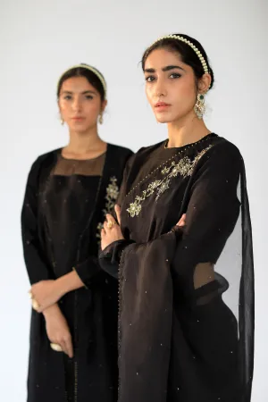 Shikha Mehta Emma Black Kora Saree Set Silk Organza Silk Chanderi Black Hana Ss21F-Cs
