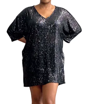 Shimmering Nights Black Sequin Shirt Dress