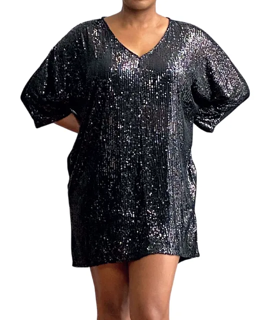 Shimmering Nights Black Sequin Shirt Dress