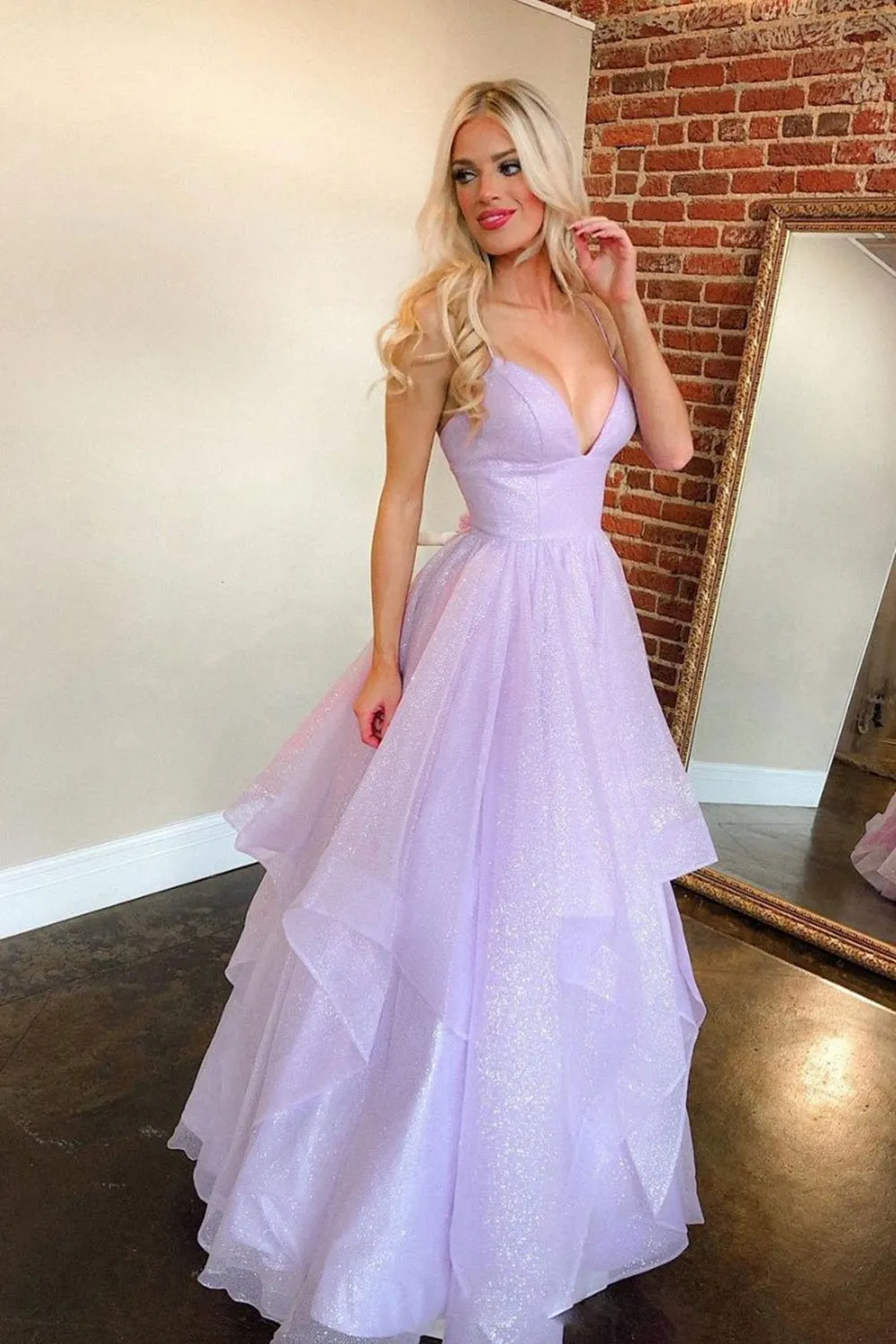 Shiny V Neck Backless Fluffy Purple Long Prom Dress, Backless Purple Formal Dress, Purple Evening Dress