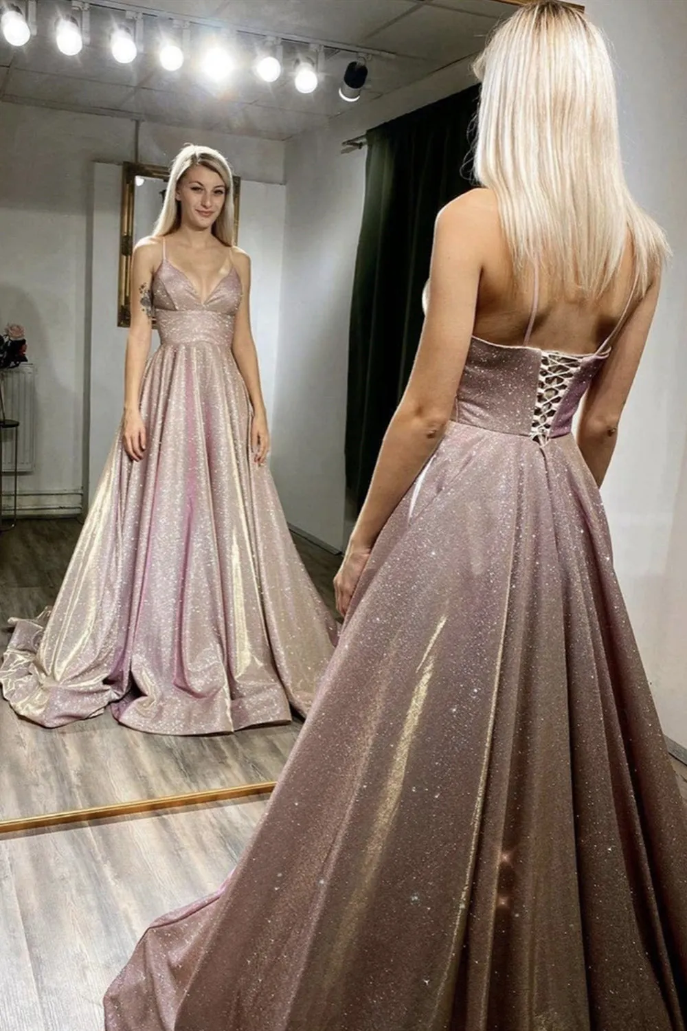Shiny V Neck Open Back Pink Long Prom Dress, V Neck Pink Formal Dress, Pink Evening Dress