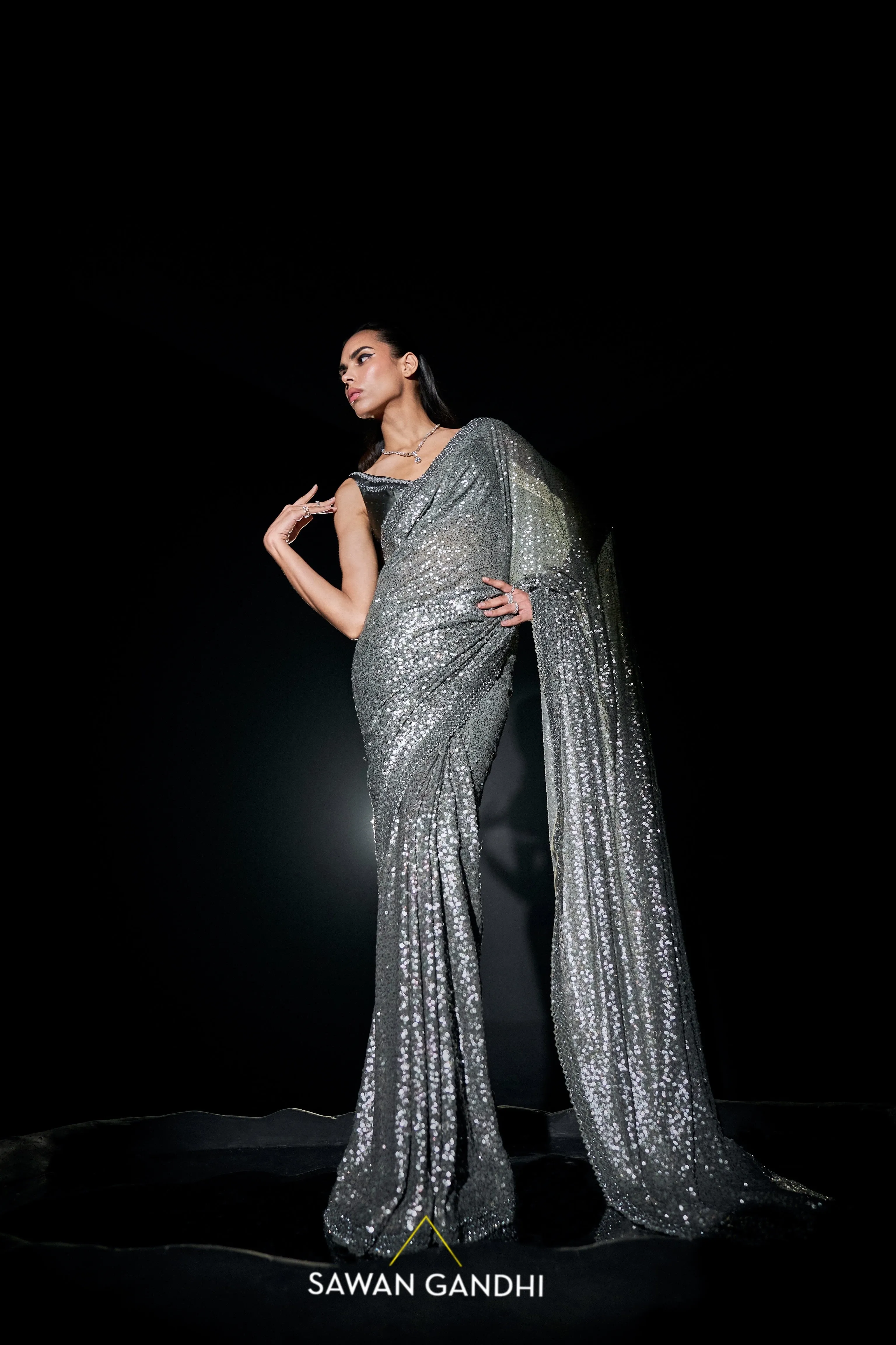 Silver sequins saree