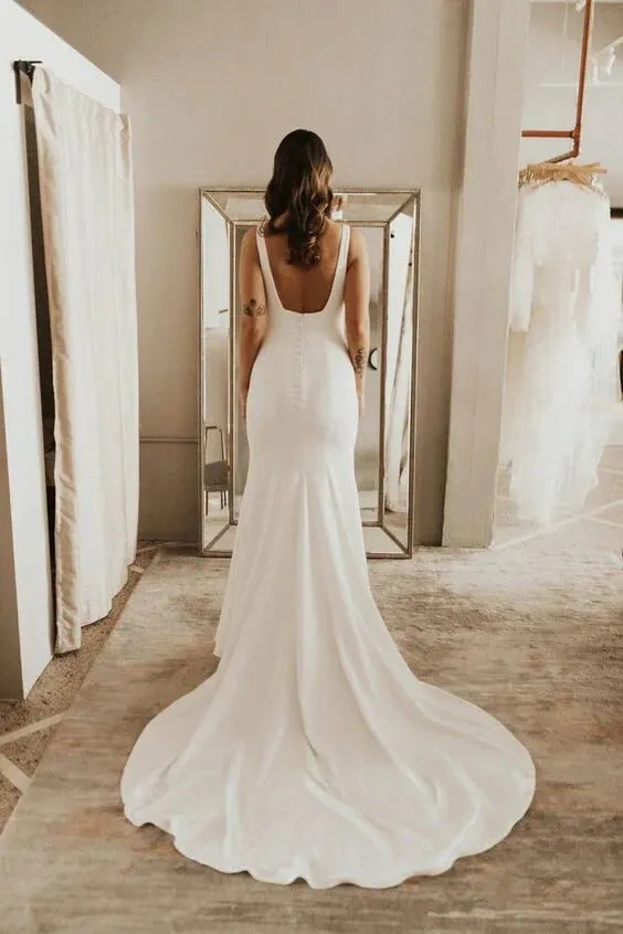 Simple Satin Sheath Square Neck Backless Wedding Dress With Sweep Train, MW755
