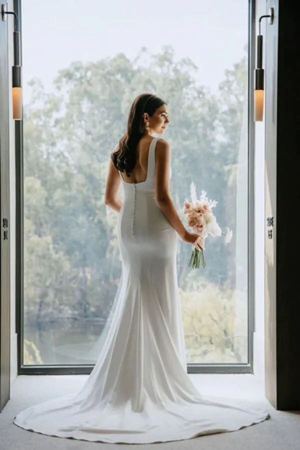 Simple Satin Sheath Square Neck Backless Wedding Dress With Sweep Train, MW755