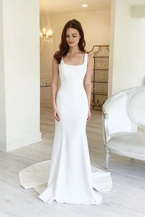 Simple Satin Sheath Square Neck Backless Wedding Dress With Sweep Train, MW755