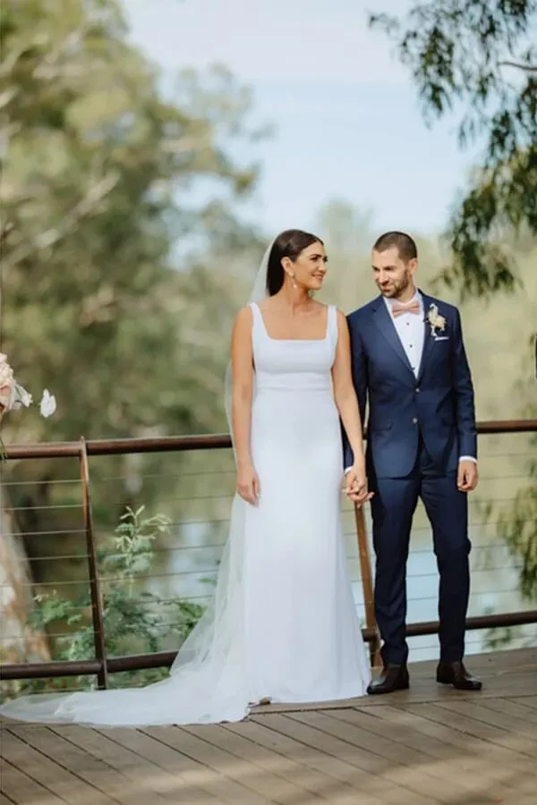 Simple Satin Sheath Square Neck Backless Wedding Dress With Sweep Train, MW755