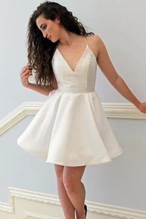 Simple V Neck Ivory Short Prom Homecoming Dresses, Ivory Formal Graduation Evening Dresses A1282
