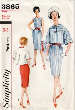Simplicity 3865 RARE Womens Slim Dress & Back Pleated Box Bolero 1960s Vintage Sewing Pattern Size 16 Bust 36 inches