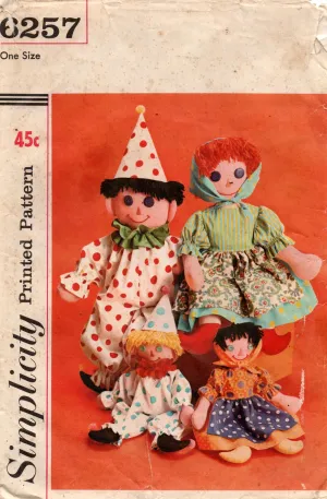 Simplicity 6257 Retro Clown & Peasant Dolls Stuffed Soft Toys 1960s Vintage Sewing Pattern UNCUT Factory Folded