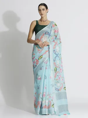 Sky Blue Pichwai Printed Daily Wear Pure Linen Saree