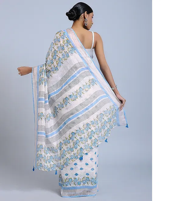 SKY GREY HAND WOVEN LINEN SAREE WITH HANDBLOCK PRINT